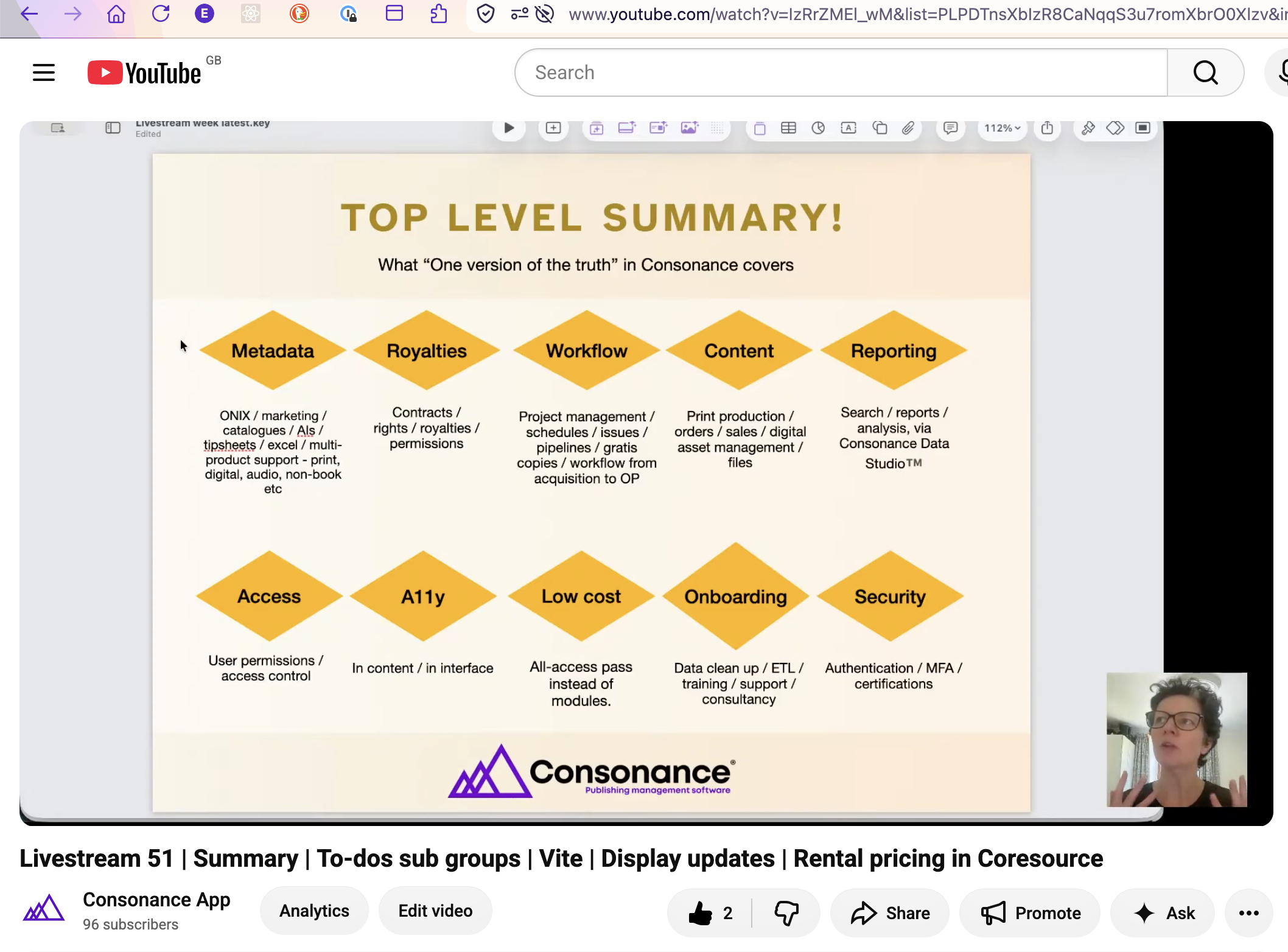 A still of a keynote slide with summary information about Consonance's features.