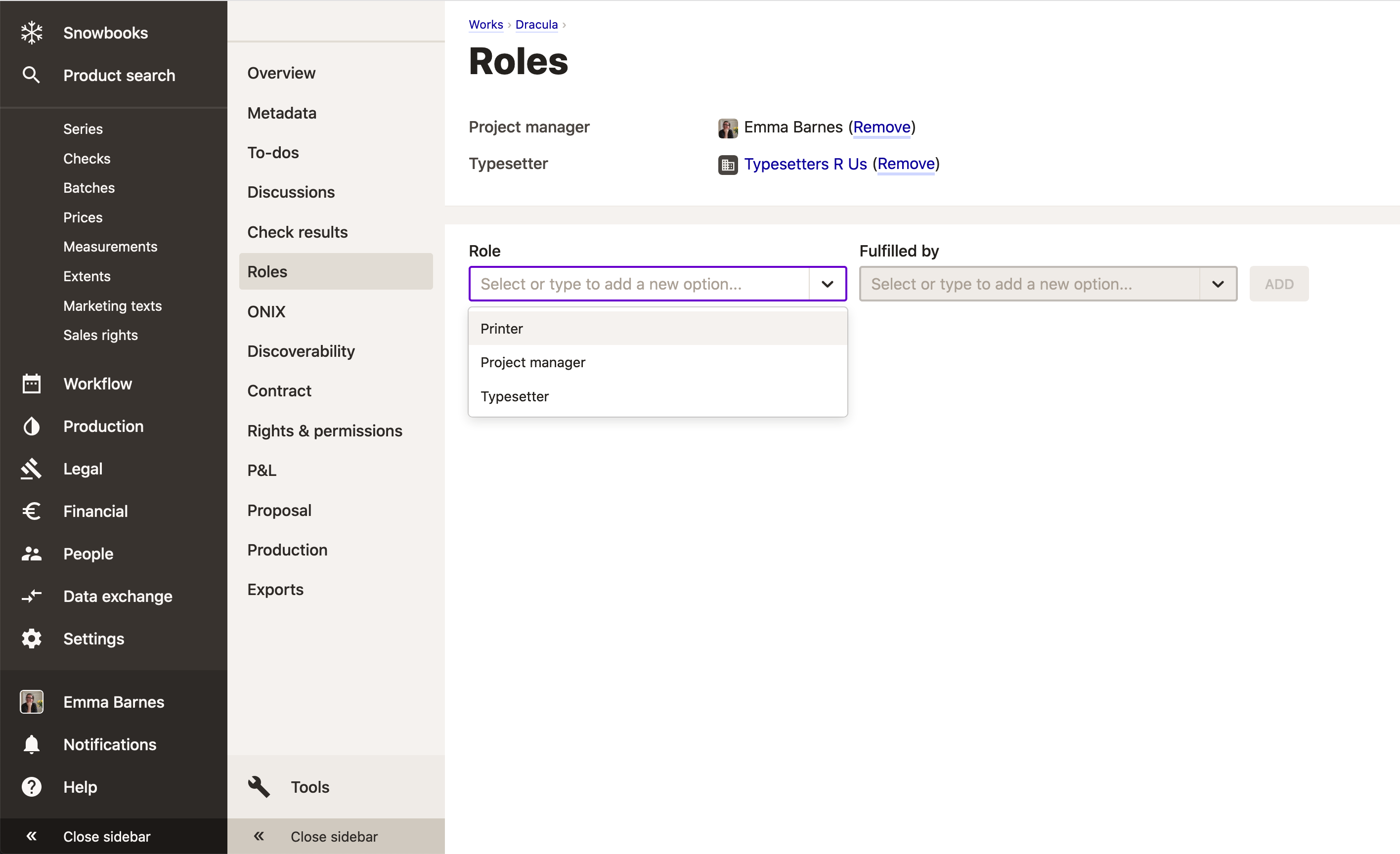 Screenshot of roles in use on a work
