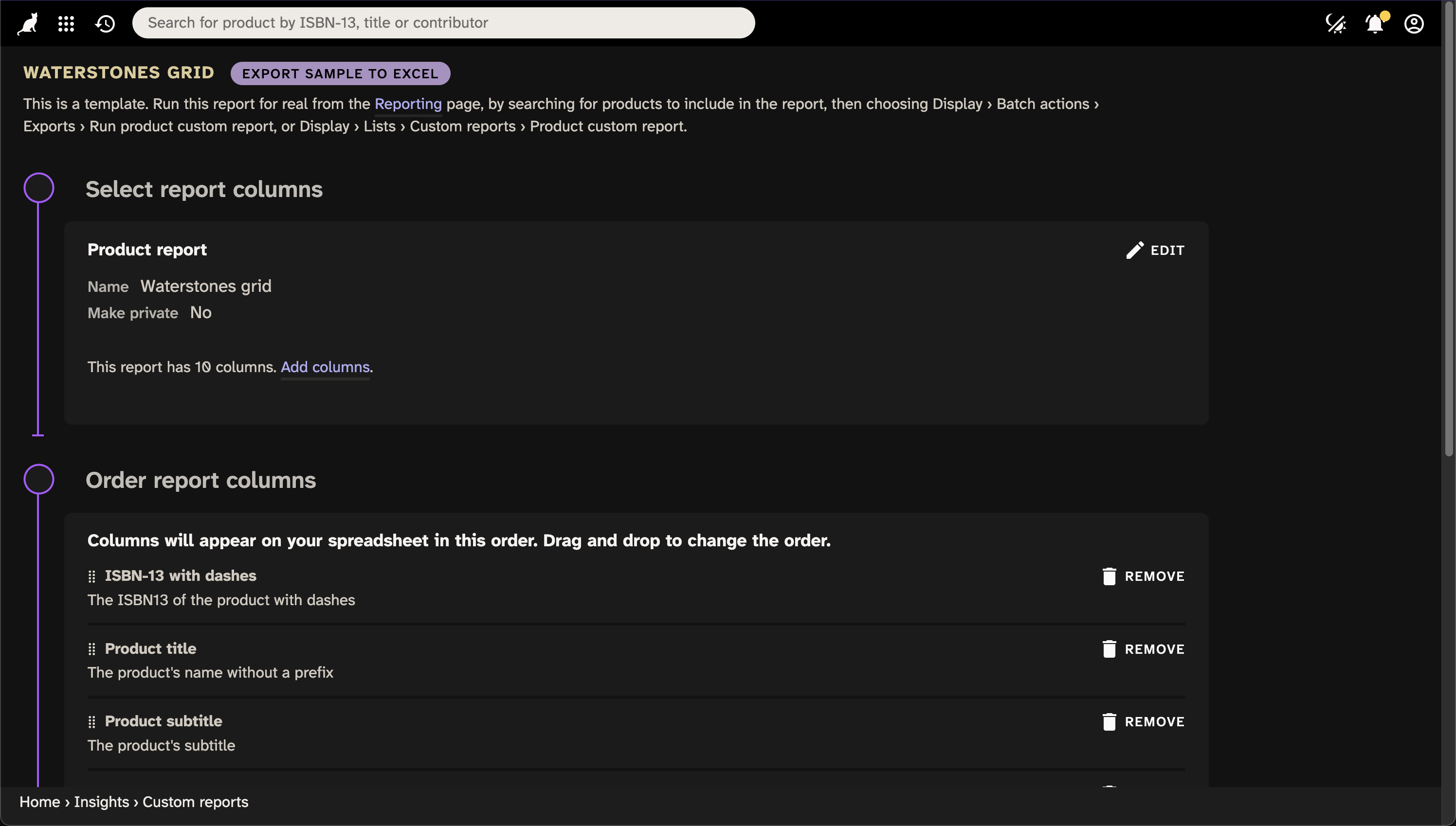 Screenshot of Consonance showing custom report definition page