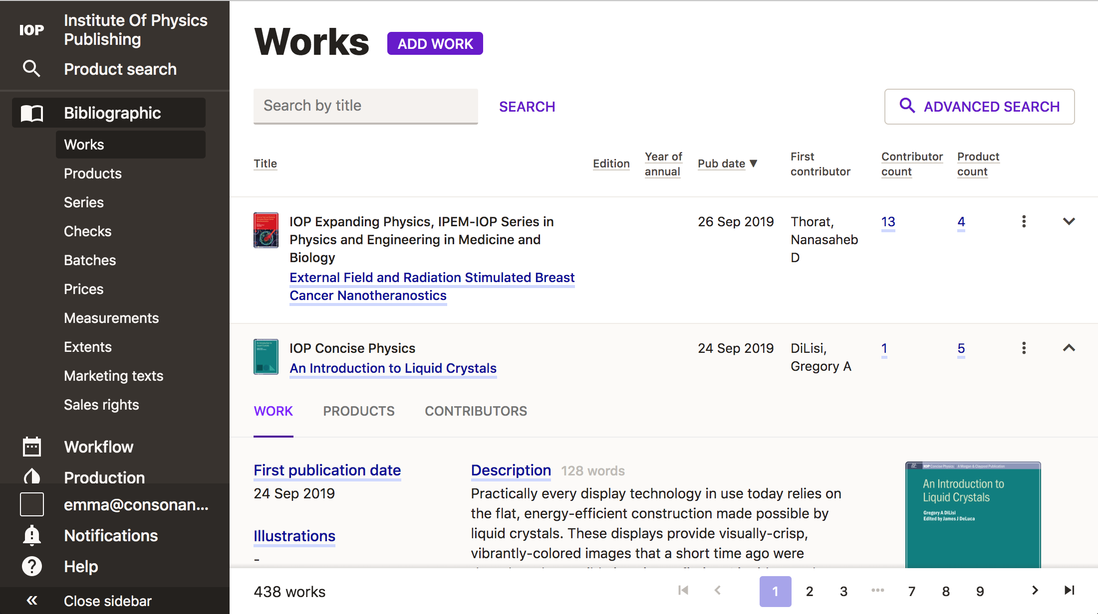 Screenshot showing the works listing page.