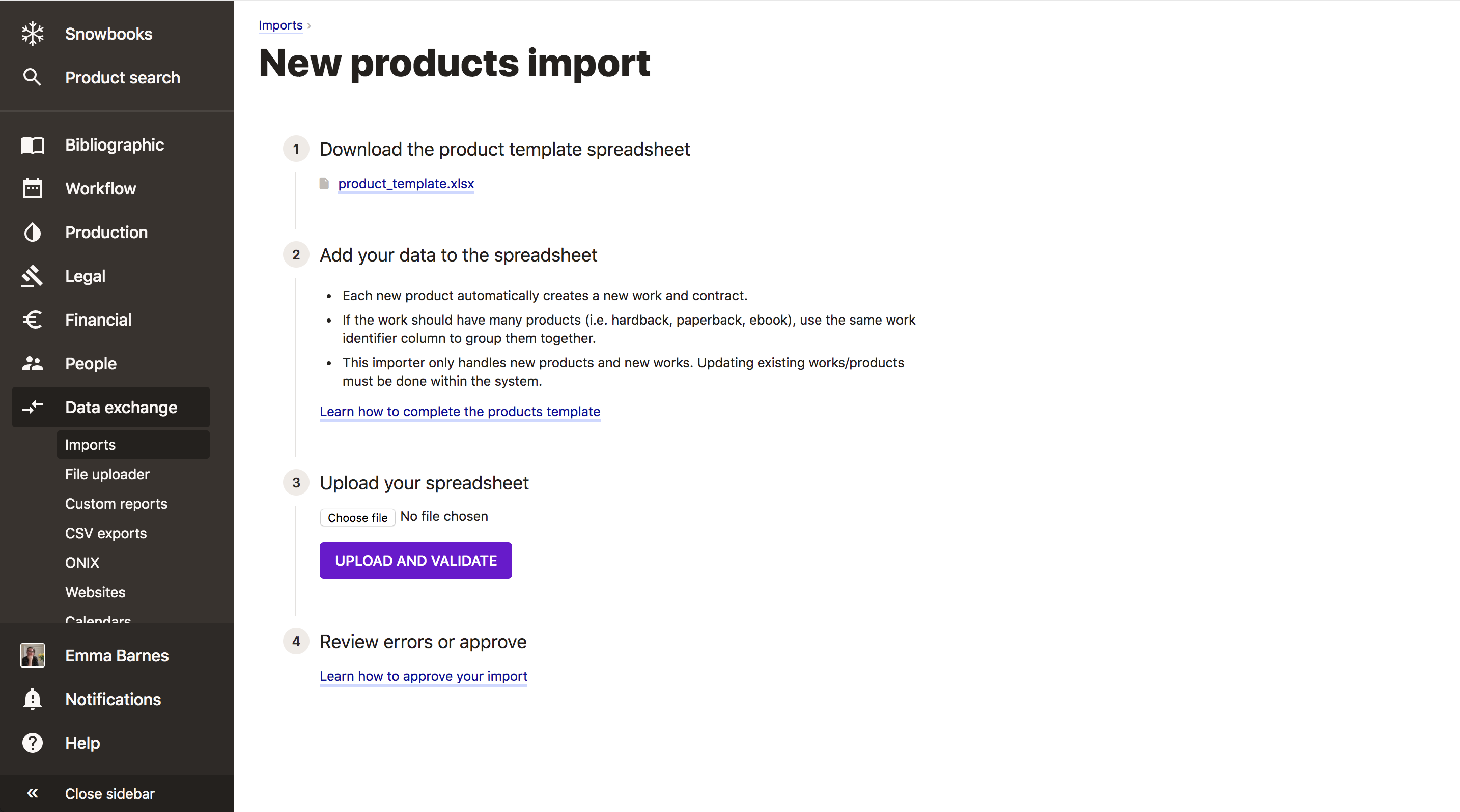 Screenshot of the imports page.