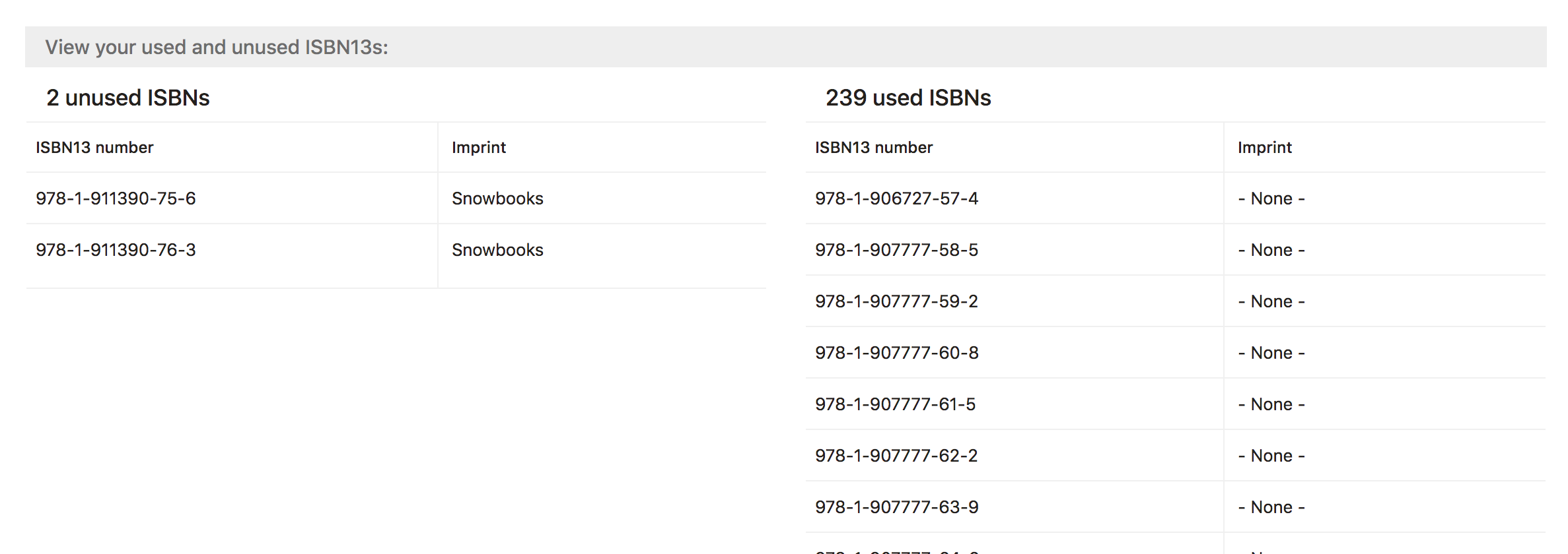Screenshot of ISBNs list.