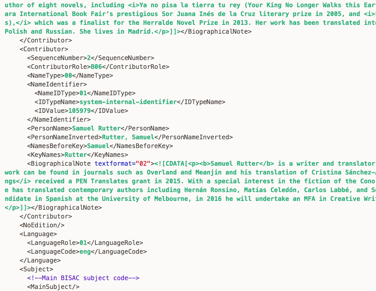 A screenshot of a fragment of ONIX XML code.