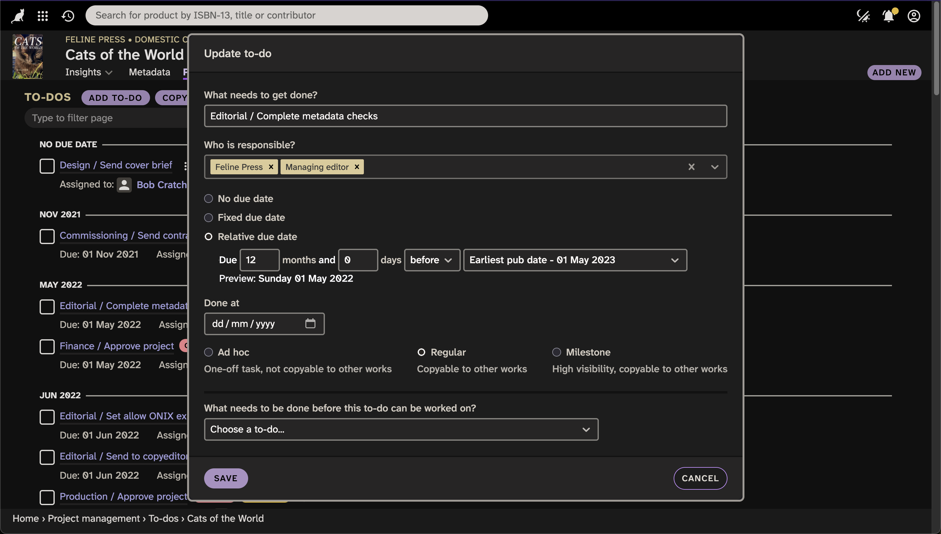 Making to dos, relative to other publication and contract dates, in Consonance.