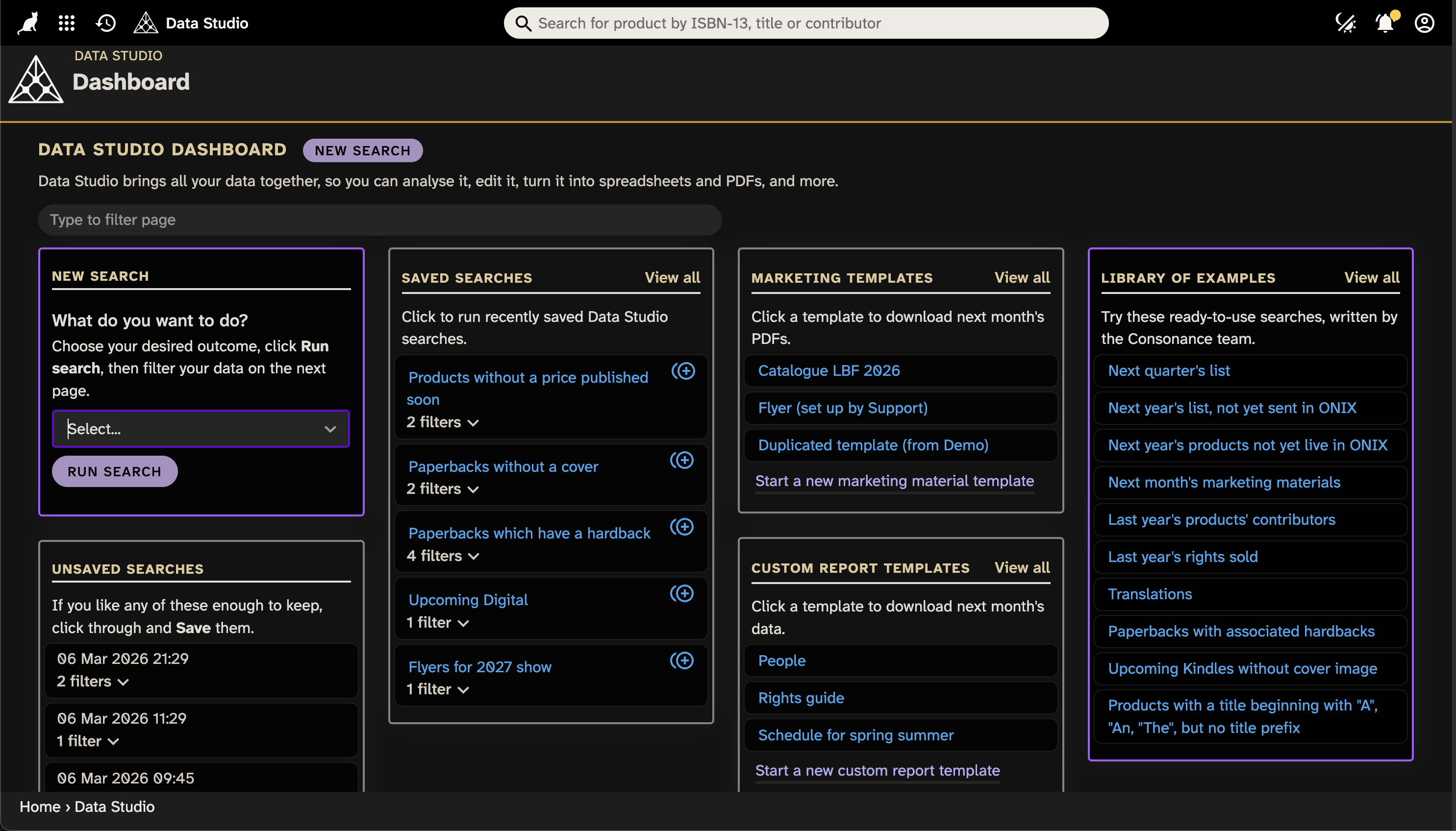 Screenshot of the Data Studio dashboard in dark mode