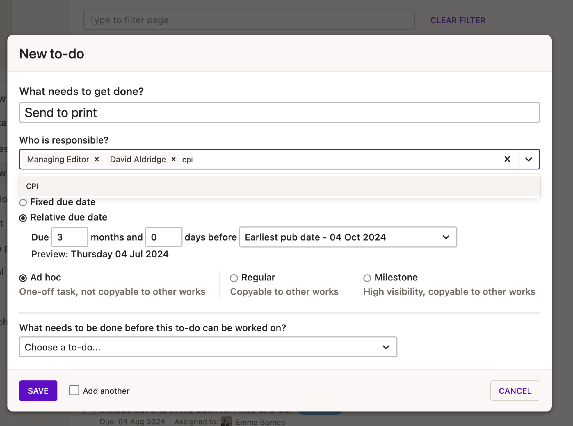 Screenshot of adding roles, as well as people and organisations, on a to-do edit page.