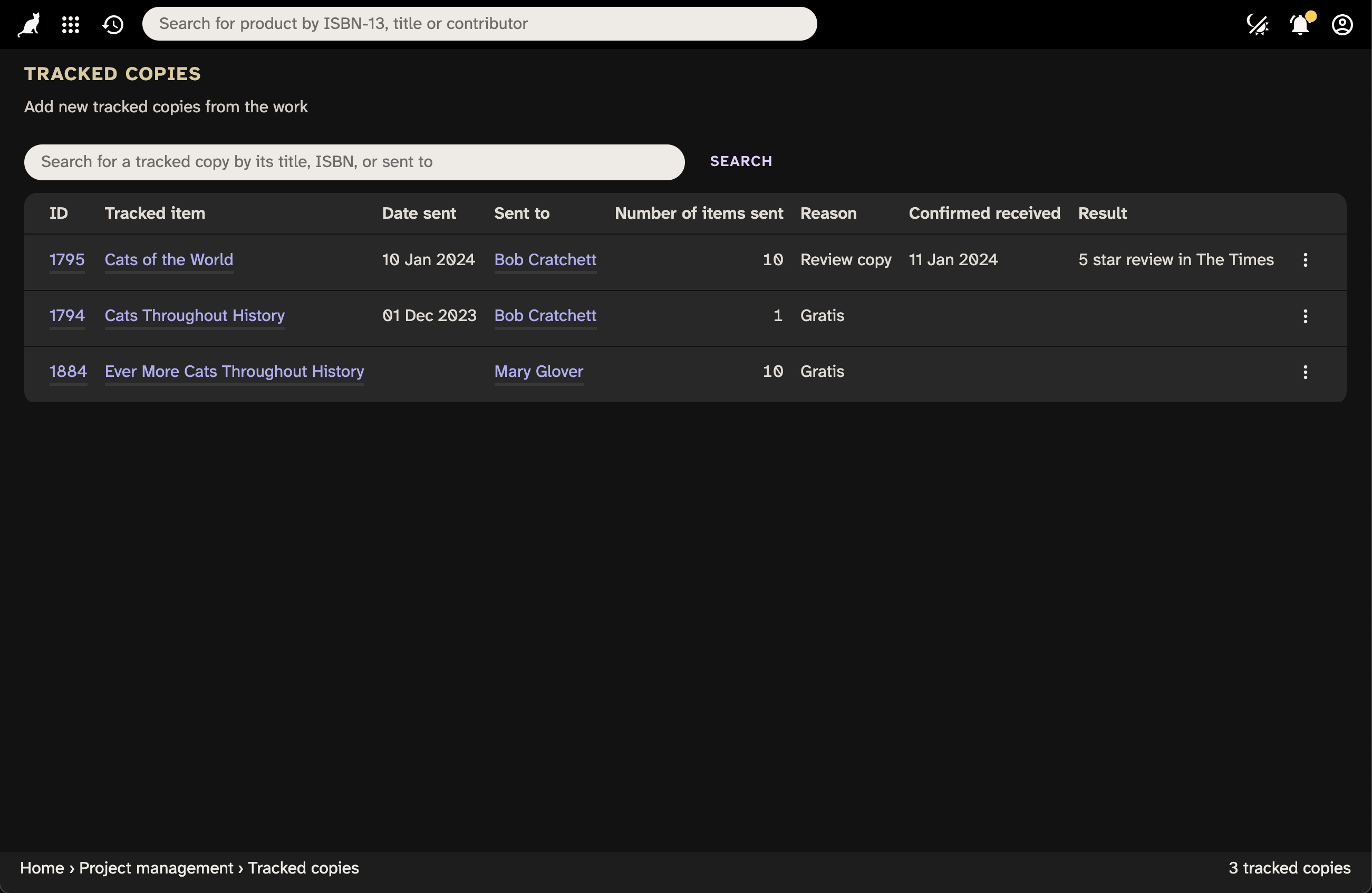 Screenshot of tracked copies in Consonance